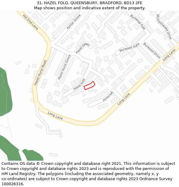 31, HAZEL FOLD, QUEENSBURY, BRADFORD, BD13 2FE: Location map and indicative extent of plot