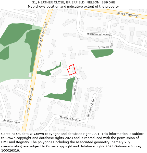 31, HEATHER CLOSE, BRIERFIELD, NELSON, BB9 5HB: Location map and indicative extent of plot