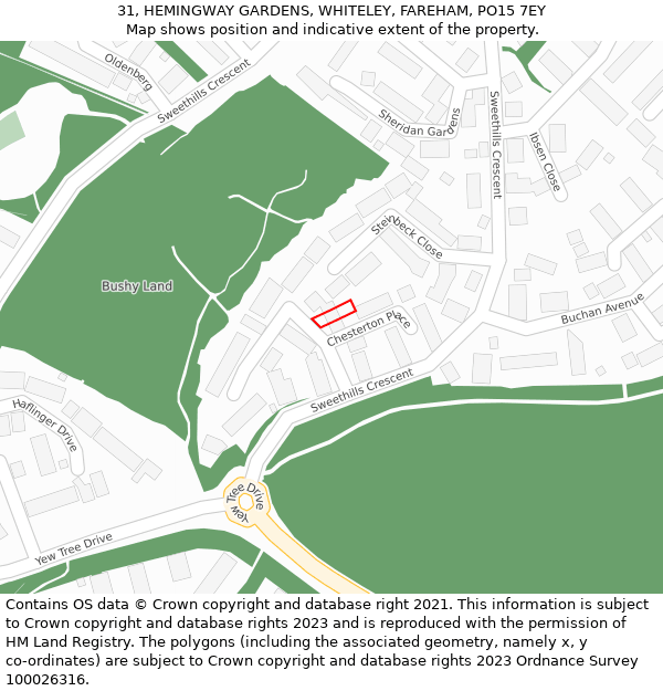 31, HEMINGWAY GARDENS, WHITELEY, FAREHAM, PO15 7EY: Location map and indicative extent of plot