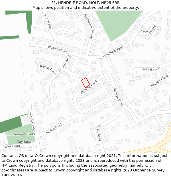 31, HENDRIE ROAD, HOLT, NR25 6RR: Location map and indicative extent of plot