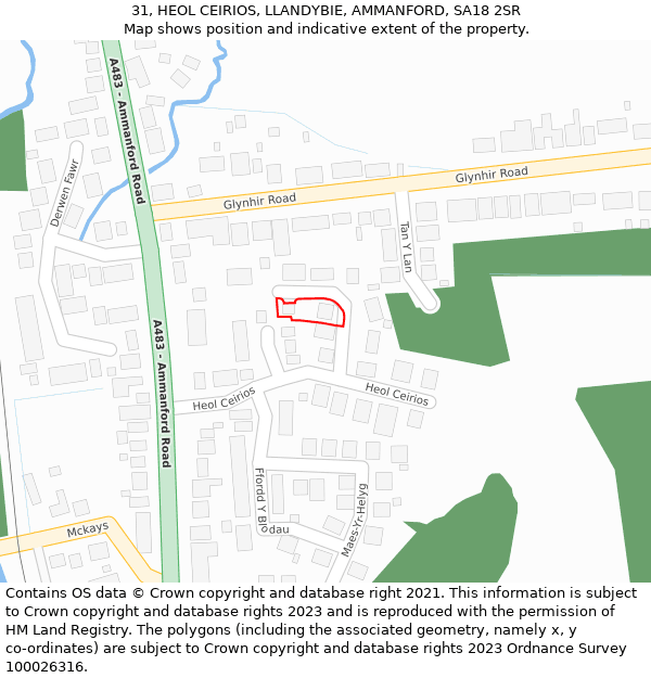 31, HEOL CEIRIOS, LLANDYBIE, AMMANFORD, SA18 2SR: Location map and indicative extent of plot