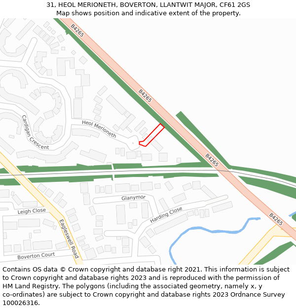 31, HEOL MERIONETH, BOVERTON, LLANTWIT MAJOR, CF61 2GS: Location map and indicative extent of plot