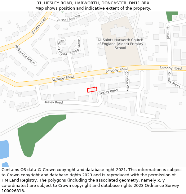 31, HESLEY ROAD, HARWORTH, DONCASTER, DN11 8RX: Location map and indicative extent of plot