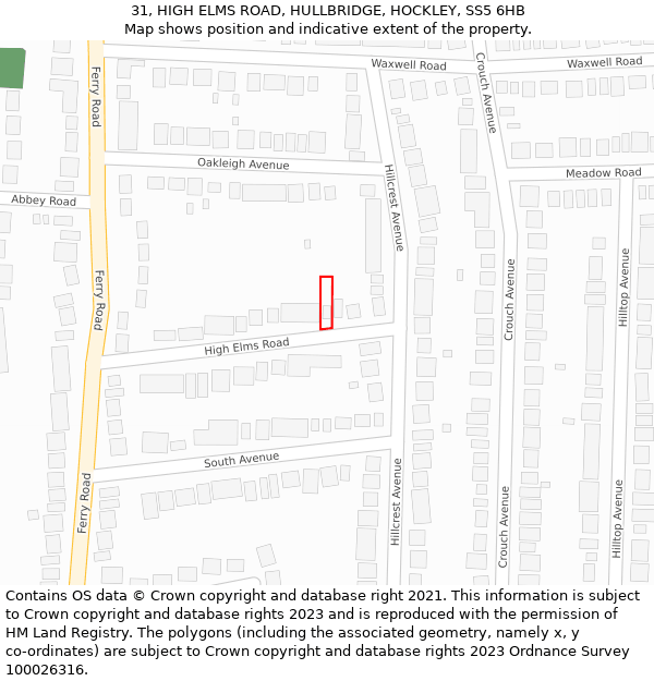 31, HIGH ELMS ROAD, HULLBRIDGE, HOCKLEY, SS5 6HB: Location map and indicative extent of plot