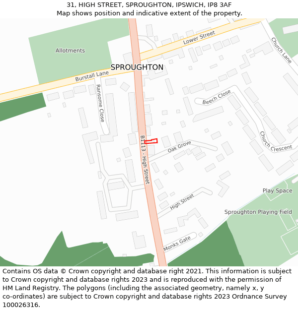 31, HIGH STREET, SPROUGHTON, IPSWICH, IP8 3AF: Location map and indicative extent of plot