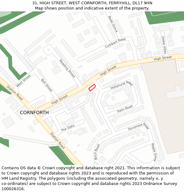 31, HIGH STREET, WEST CORNFORTH, FERRYHILL, DL17 9HN: Location map and indicative extent of plot