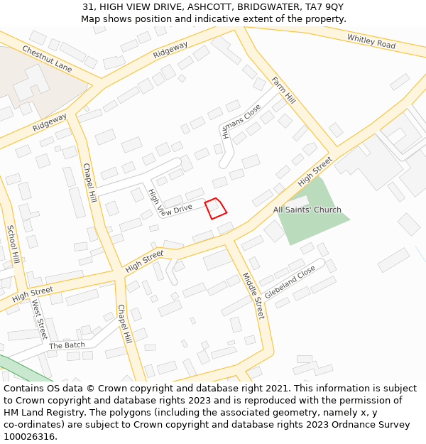 31, HIGH VIEW DRIVE, ASHCOTT, BRIDGWATER, TA7 9QY: Location map and indicative extent of plot