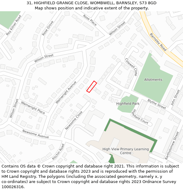 31, HIGHFIELD GRANGE CLOSE, WOMBWELL, BARNSLEY, S73 8GD: Location map and indicative extent of plot