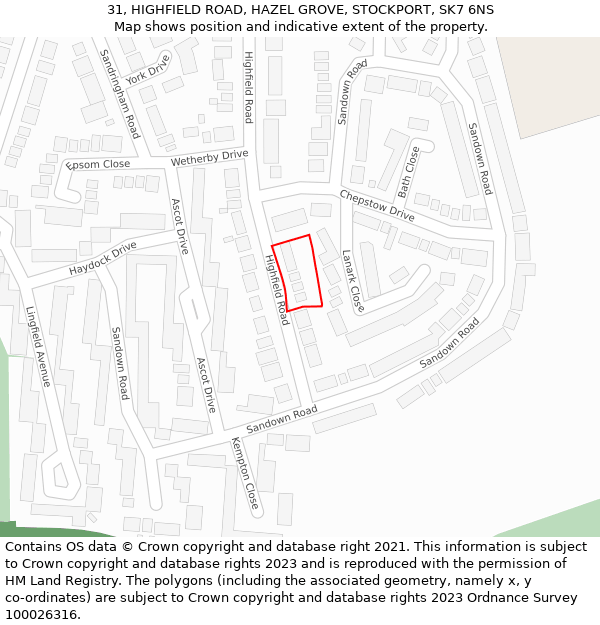 31, HIGHFIELD ROAD, HAZEL GROVE, STOCKPORT, SK7 6NS: Location map and indicative extent of plot