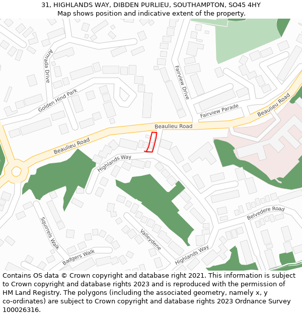 31, HIGHLANDS WAY, DIBDEN PURLIEU, SOUTHAMPTON, SO45 4HY: Location map and indicative extent of plot