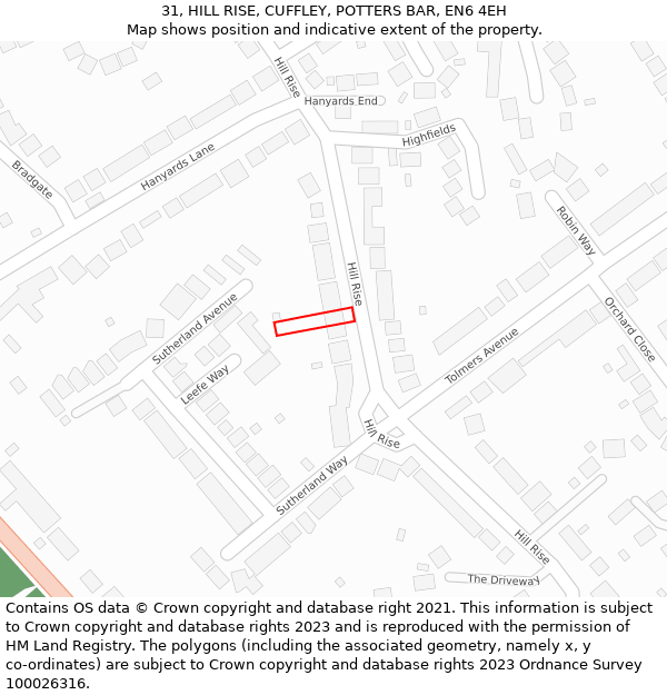 31, HILL RISE, CUFFLEY, POTTERS BAR, EN6 4EH: Location map and indicative extent of plot