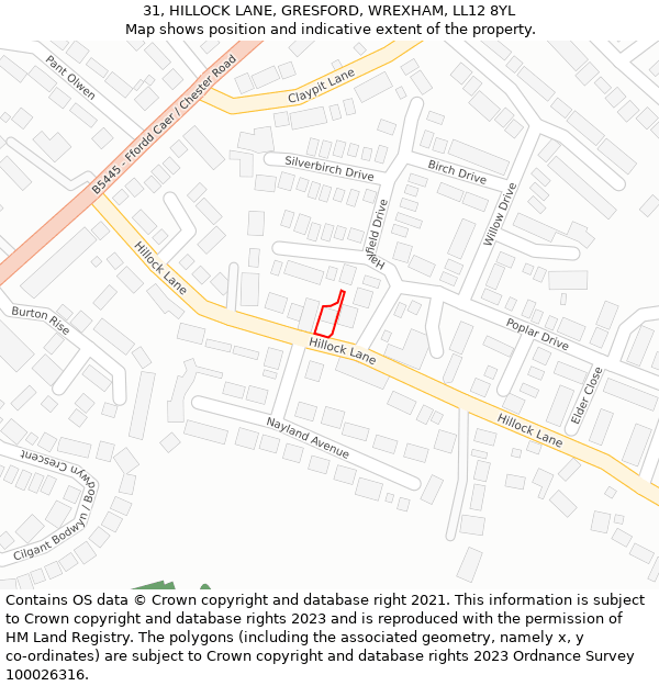 31, HILLOCK LANE, GRESFORD, WREXHAM, LL12 8YL: Location map and indicative extent of plot