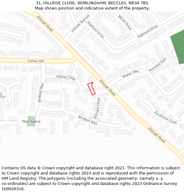 31, HILLRISE CLOSE, WORLINGHAM, BECCLES, NR34 7BS: Location map and indicative extent of plot