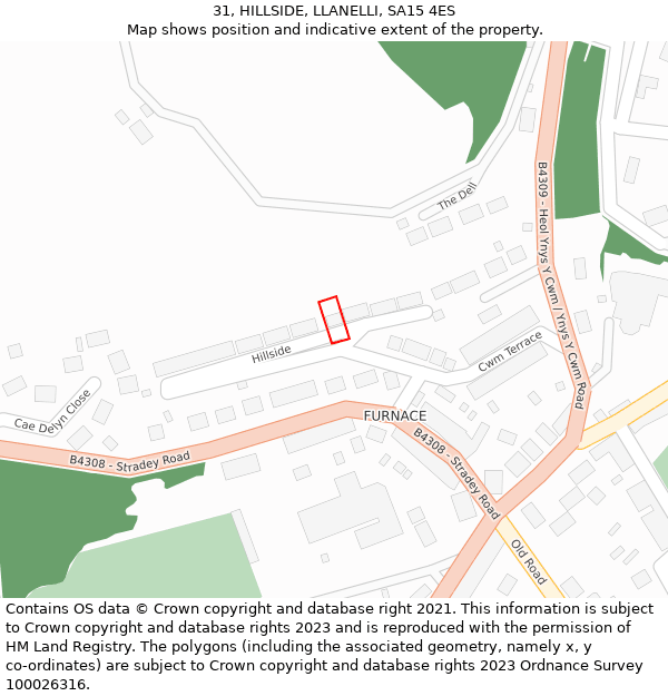 31, HILLSIDE, LLANELLI, SA15 4ES: Location map and indicative extent of plot