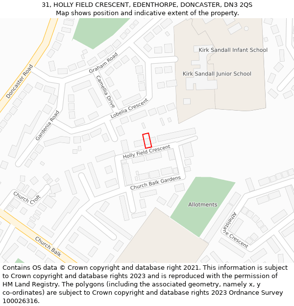 31, HOLLY FIELD CRESCENT, EDENTHORPE, DONCASTER, DN3 2QS: Location map and indicative extent of plot