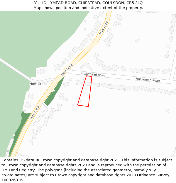 31, HOLLYMEAD ROAD, CHIPSTEAD, COULSDON, CR5 3LQ: Location map and indicative extent of plot