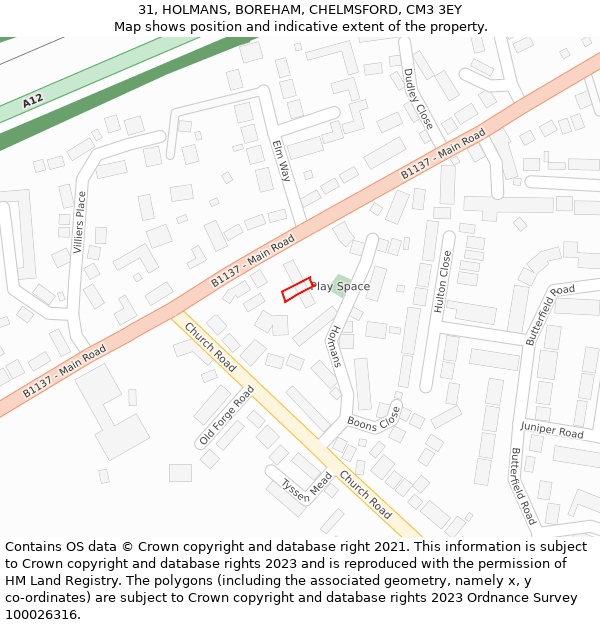 31, HOLMANS, BOREHAM, CHELMSFORD, CM3 3EY: Location map and indicative extent of plot