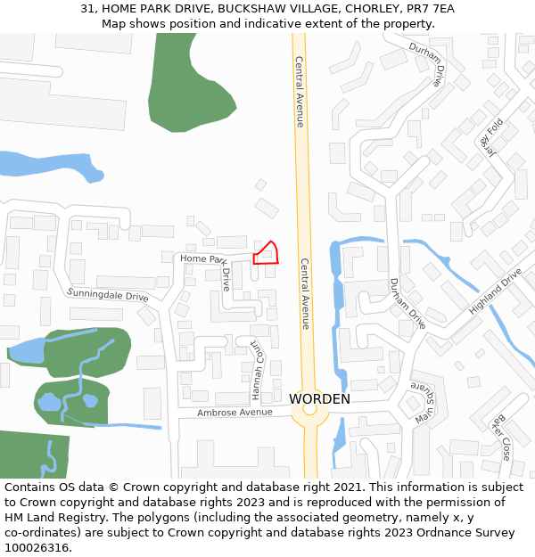 31, HOME PARK DRIVE, BUCKSHAW VILLAGE, CHORLEY, PR7 7EA: Location map and indicative extent of plot