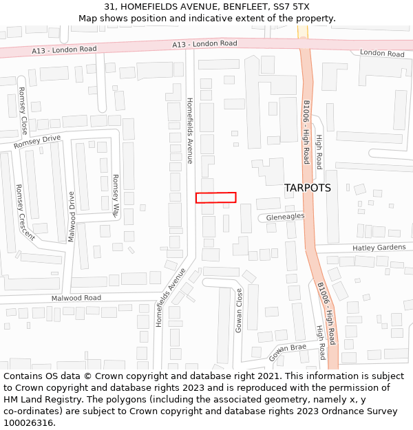 31, HOMEFIELDS AVENUE, BENFLEET, SS7 5TX: Location map and indicative extent of plot