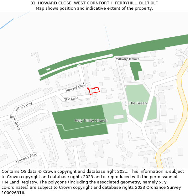 31, HOWARD CLOSE, WEST CORNFORTH, FERRYHILL, DL17 9LF: Location map and indicative extent of plot