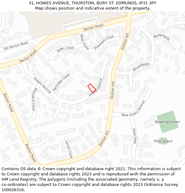 31, HOWES AVENUE, THURSTON, BURY ST. EDMUNDS, IP31 3PY: Location map and indicative extent of plot