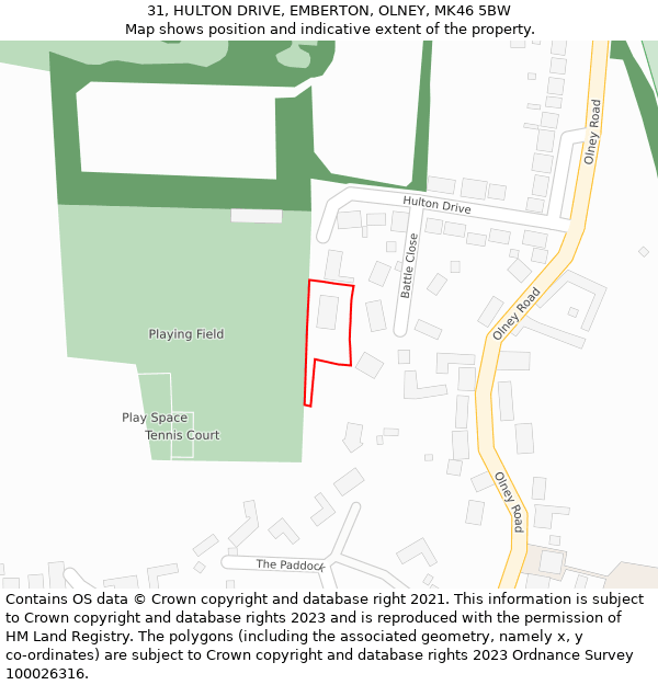 31, HULTON DRIVE, EMBERTON, OLNEY, MK46 5BW: Location map and indicative extent of plot