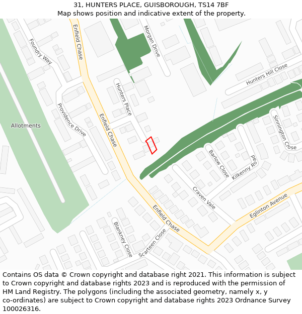 31, HUNTERS PLACE, GUISBOROUGH, TS14 7BF: Location map and indicative extent of plot