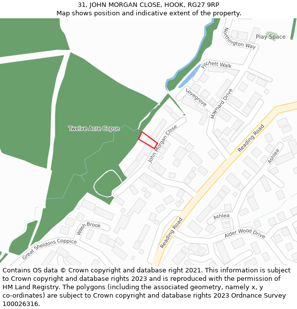 31, JOHN MORGAN CLOSE, HOOK, RG27 9RP: Location map and indicative extent of plot