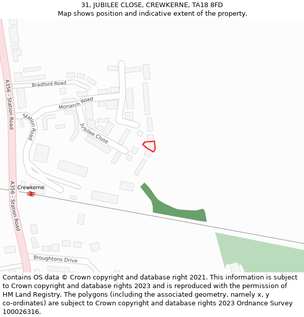 31, JUBILEE CLOSE, CREWKERNE, TA18 8FD: Location map and indicative extent of plot