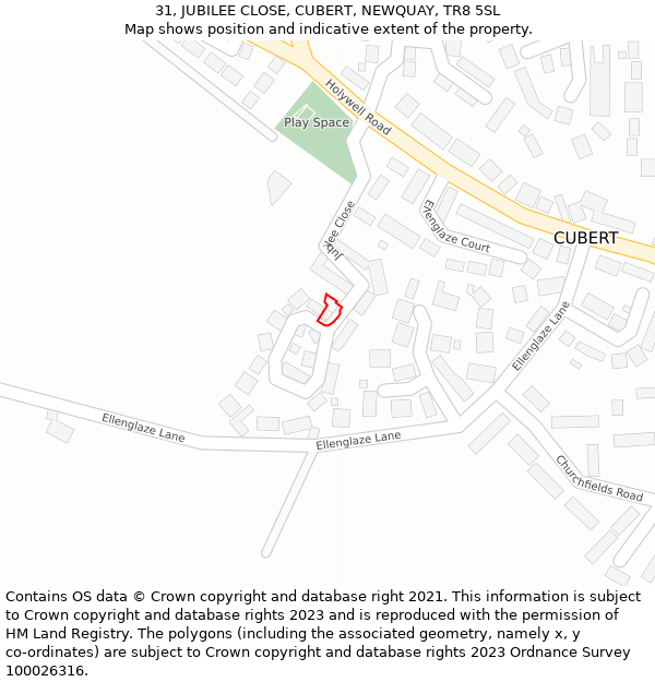 31, JUBILEE CLOSE, CUBERT, NEWQUAY, TR8 5SL: Location map and indicative extent of plot