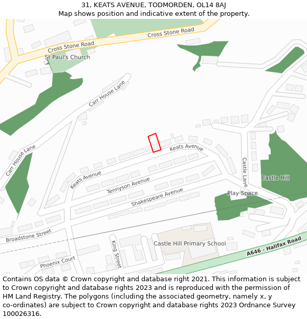 31, KEATS AVENUE, TODMORDEN, OL14 8AJ: Location map and indicative extent of plot