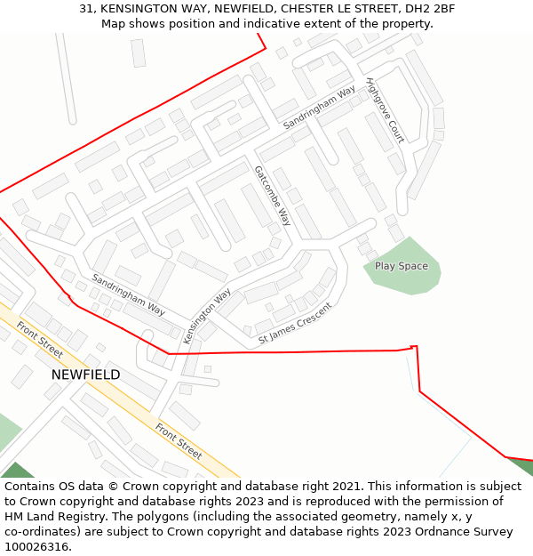31, KENSINGTON WAY, NEWFIELD, CHESTER LE STREET, DH2 2BF: Location map and indicative extent of plot
