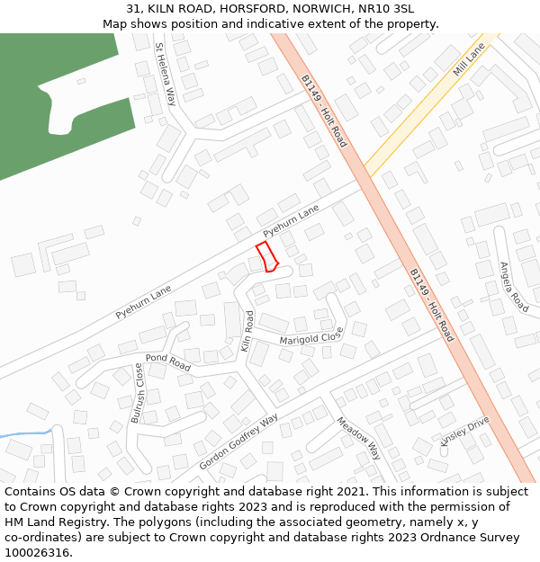 31, KILN ROAD, HORSFORD, NORWICH, NR10 3SL: Location map and indicative extent of plot