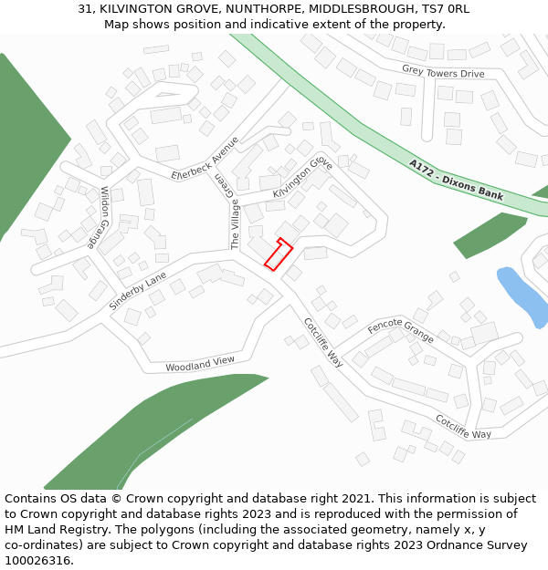 31, KILVINGTON GROVE, NUNTHORPE, MIDDLESBROUGH, TS7 0RL: Location map and indicative extent of plot