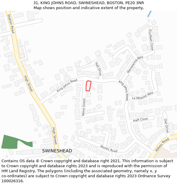 31, KING JOHNS ROAD, SWINESHEAD, BOSTON, PE20 3NR: Location map and indicative extent of plot