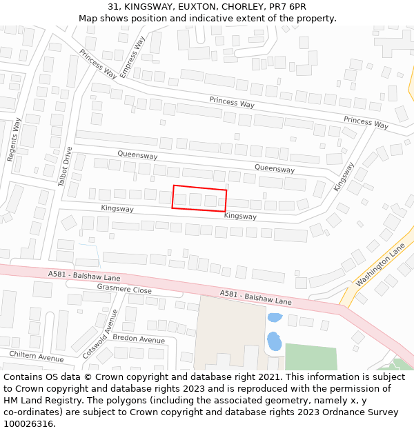 31, KINGSWAY, EUXTON, CHORLEY, PR7 6PR: Location map and indicative extent of plot