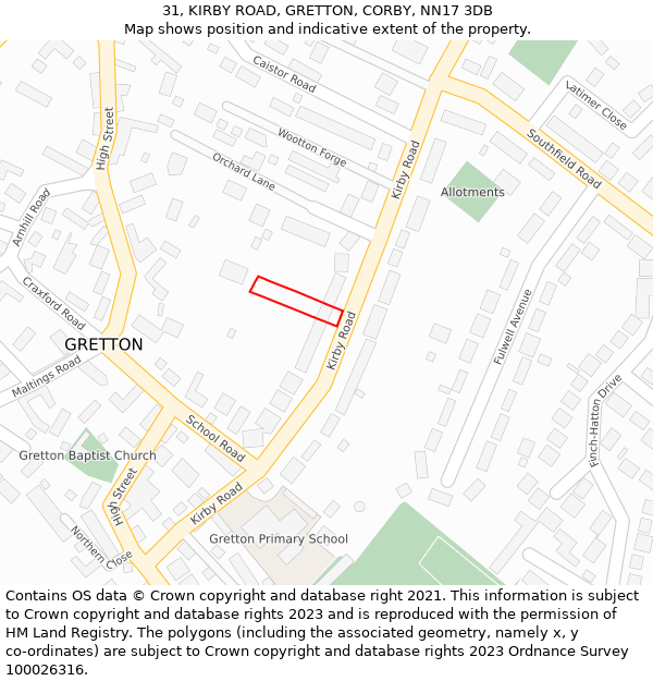 31, KIRBY ROAD, GRETTON, CORBY, NN17 3DB: Location map and indicative extent of plot