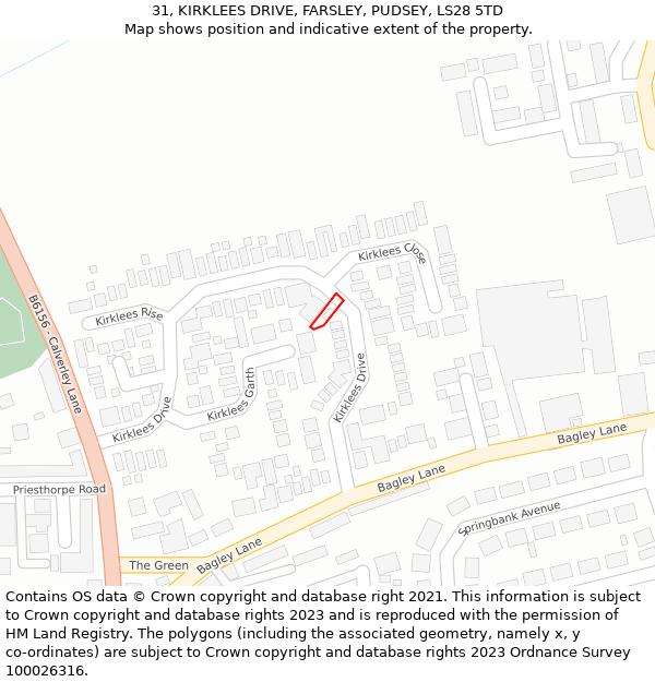 31, KIRKLEES DRIVE, FARSLEY, PUDSEY, LS28 5TD: Location map and indicative extent of plot