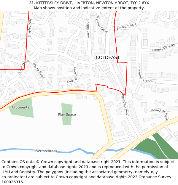 31, KITTERSLEY DRIVE, LIVERTON, NEWTON ABBOT, TQ12 6YX: Location map and indicative extent of plot