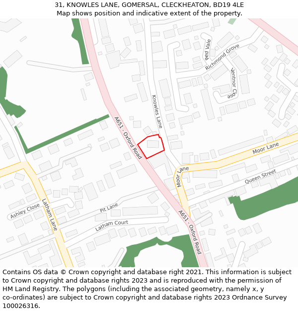 31, KNOWLES LANE, GOMERSAL, CLECKHEATON, BD19 4LE: Location map and indicative extent of plot