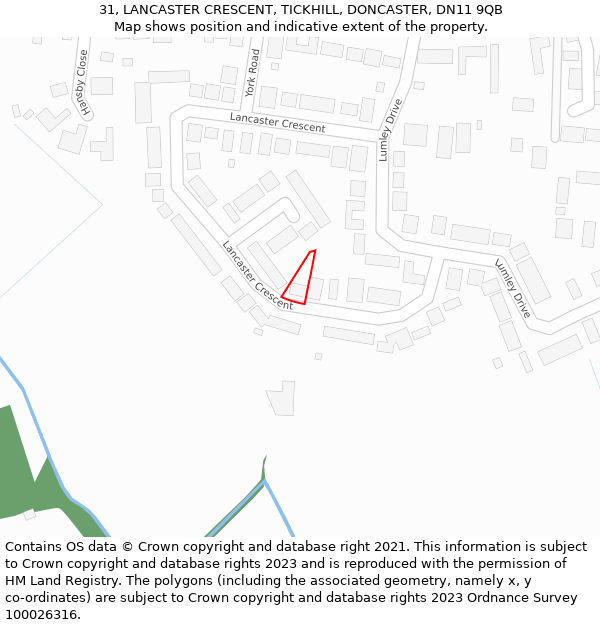 31, LANCASTER CRESCENT, TICKHILL, DONCASTER, DN11 9QB: Location map and indicative extent of plot