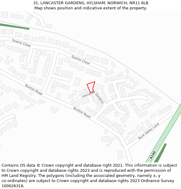 31, LANCASTER GARDENS, AYLSHAM, NORWICH, NR11 6LB: Location map and indicative extent of plot