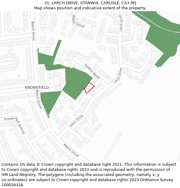 31, LARCH DRIVE, STANWIX, CARLISLE, CA3 9FJ: Location map and indicative extent of plot