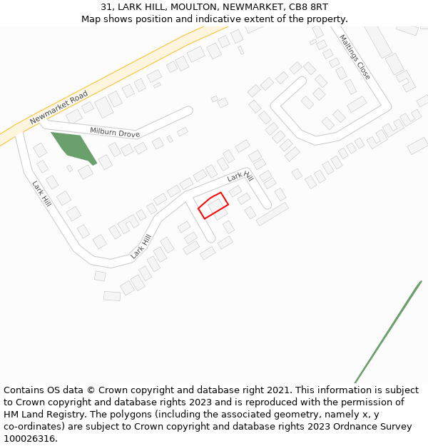 31, LARK HILL, MOULTON, NEWMARKET, CB8 8RT: Location map and indicative extent of plot