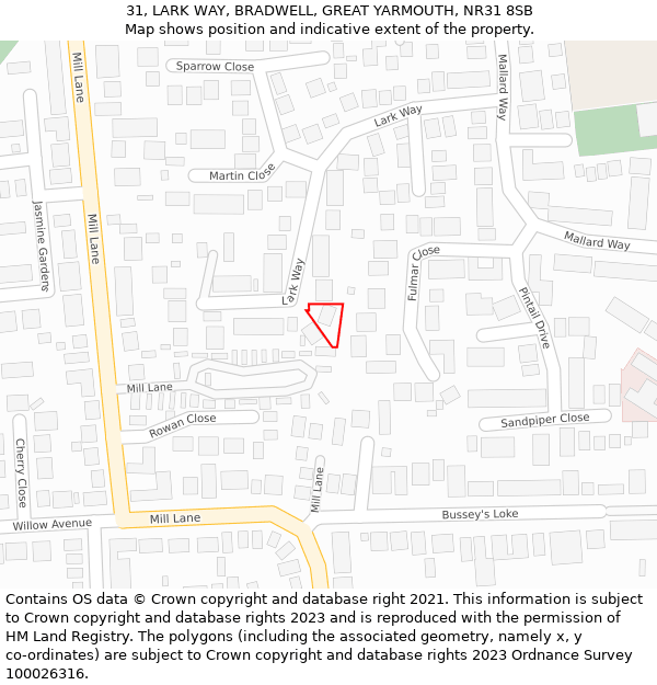 31, LARK WAY, BRADWELL, GREAT YARMOUTH, NR31 8SB: Location map and indicative extent of plot