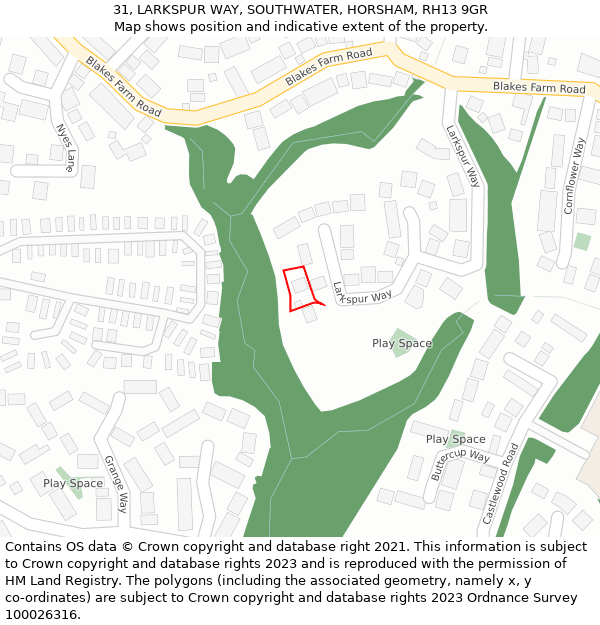 31, LARKSPUR WAY, SOUTHWATER, HORSHAM, RH13 9GR: Location map and indicative extent of plot