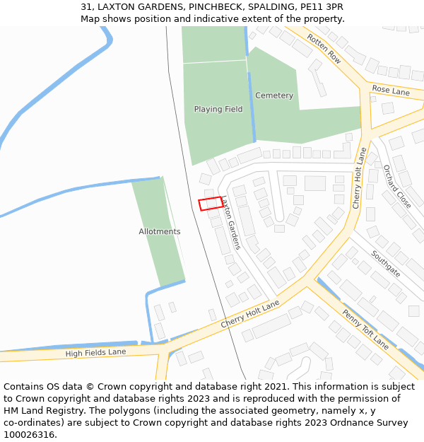 31, LAXTON GARDENS, PINCHBECK, SPALDING, PE11 3PR: Location map and indicative extent of plot