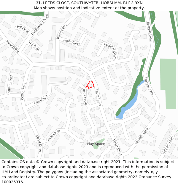 31, LEEDS CLOSE, SOUTHWATER, HORSHAM, RH13 9XN: Location map and indicative extent of plot