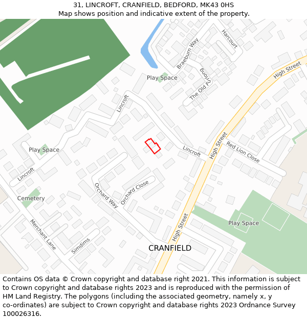 31, LINCROFT, CRANFIELD, BEDFORD, MK43 0HS: Location map and indicative extent of plot