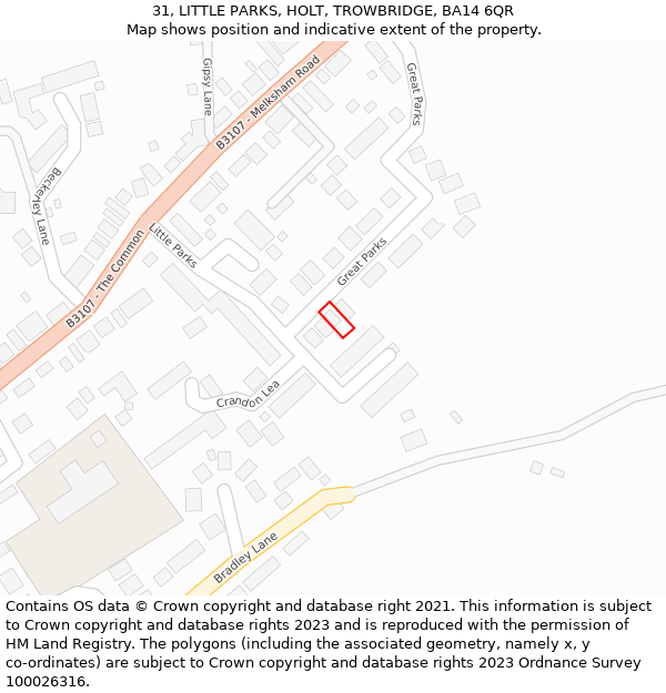 31, LITTLE PARKS, HOLT, TROWBRIDGE, BA14 6QR: Location map and indicative extent of plot
